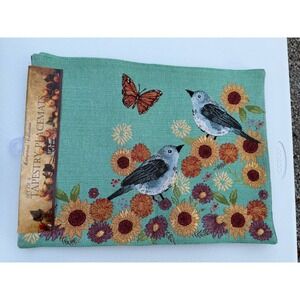 Tapestry Placemats Blue/turquoise With Birds Set Of 4 Summer Theme Floral 13x8